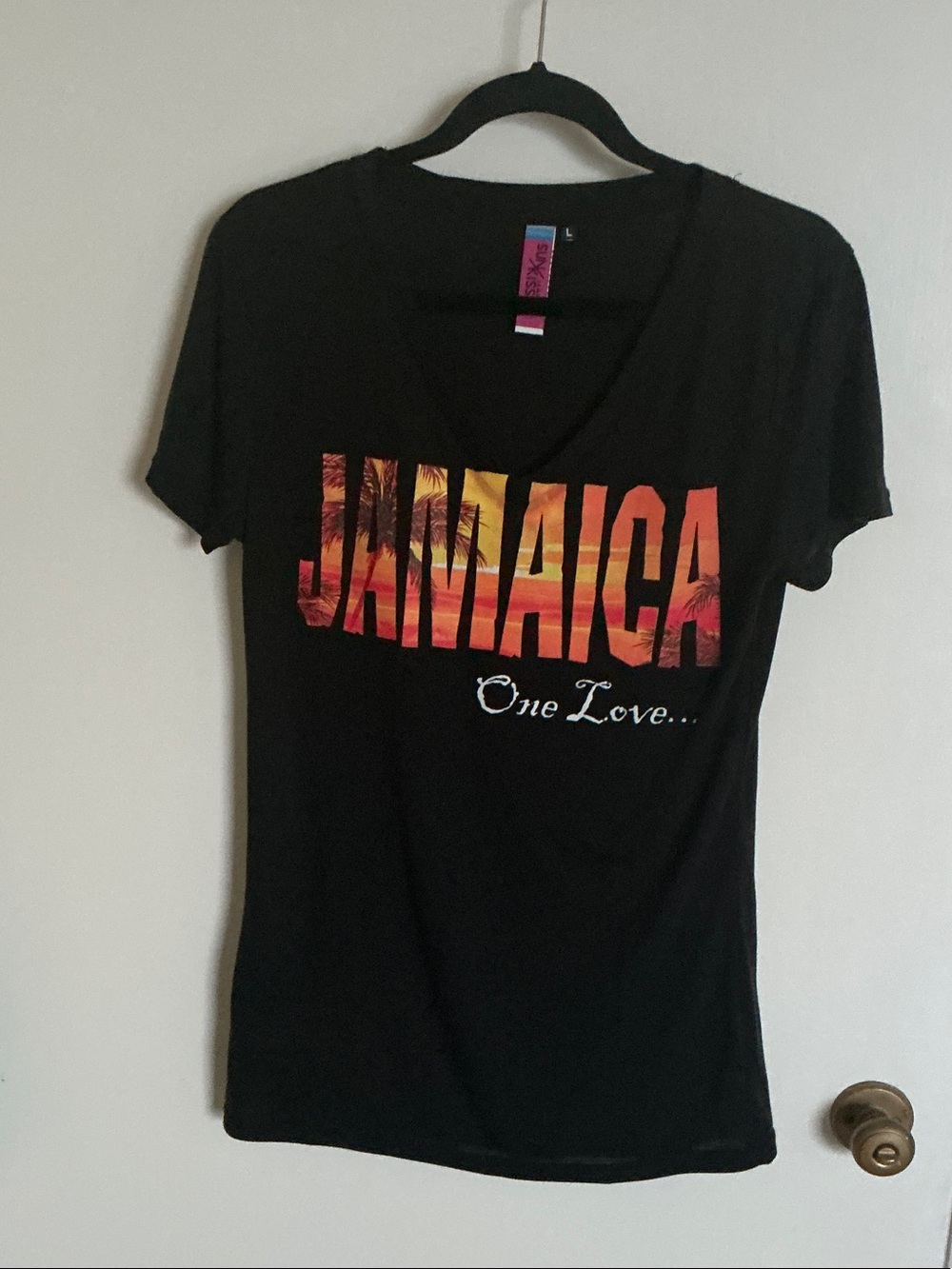 Black V-Neck Tee with Sunset Jamaica Graphic NWT